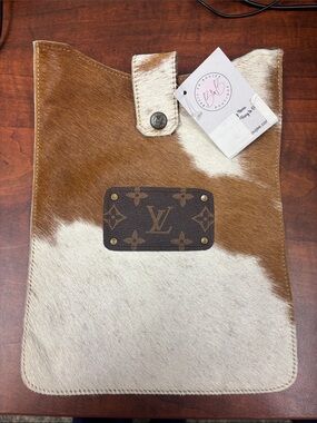 Brown and White Cowhide Tablet Sleeve with Leather Louis Vuitton Patch